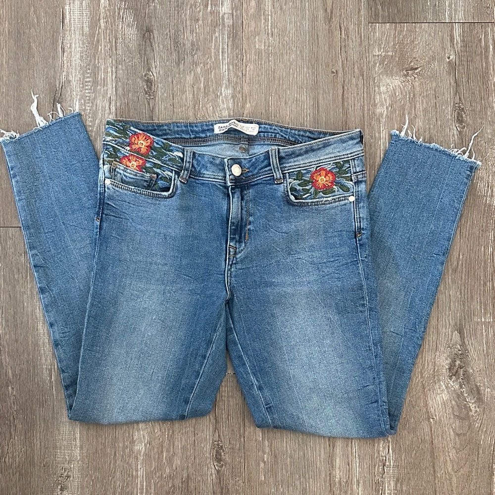 Zara Blue Jeans with Red Floral Details